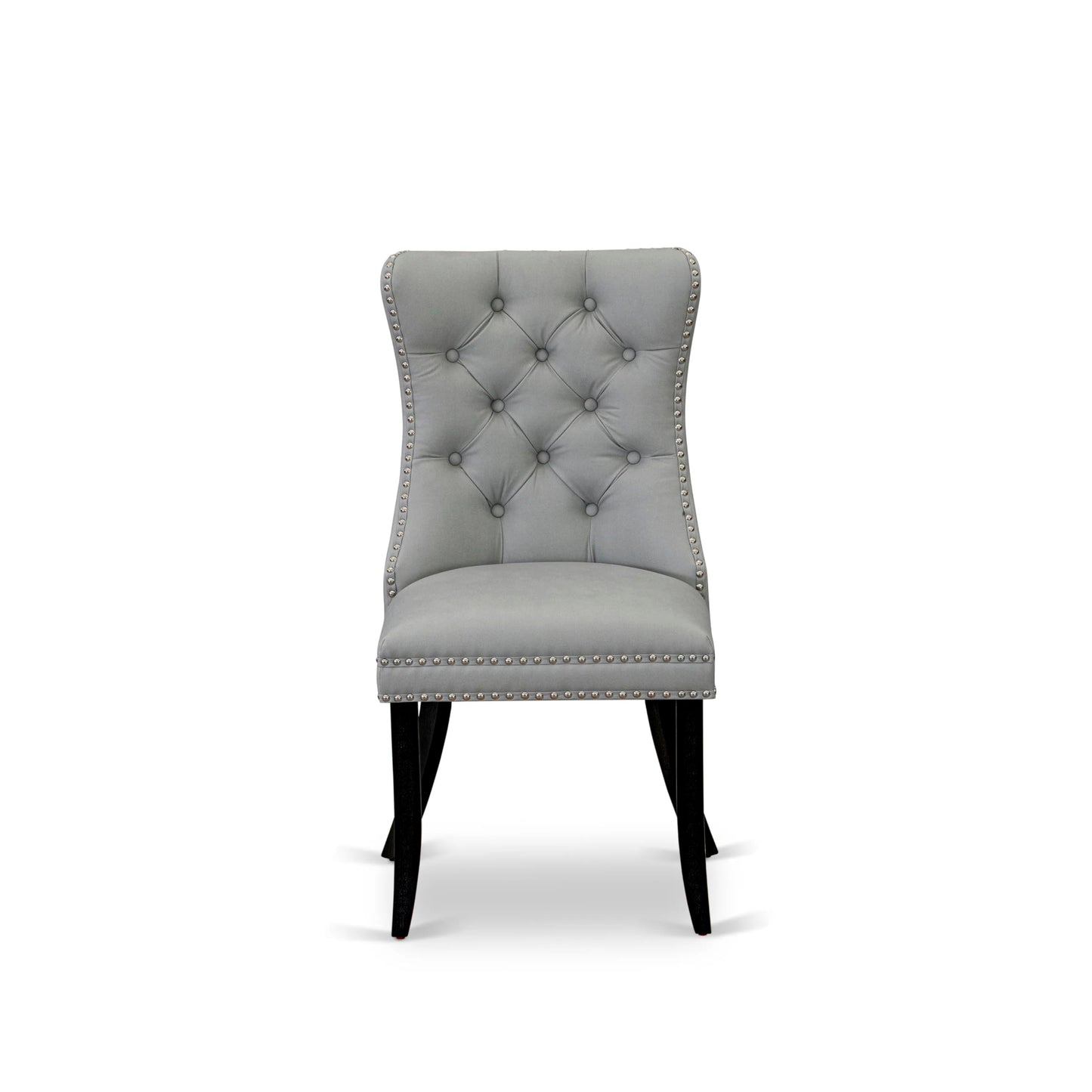 East West Furniture DAP6F27 Dallas Parson Dining Room Chairs - Button Tufted Nailhead Light Gray Polyester Fabric Padded Chairs, Set of 2, Wirebrushed Black