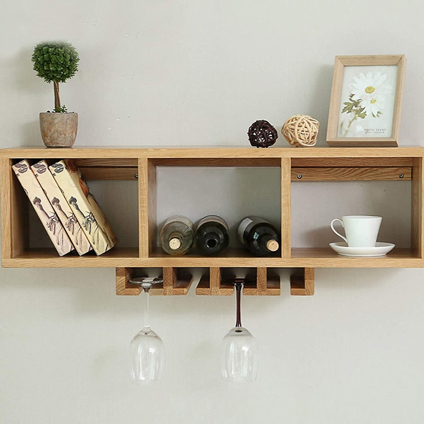 SBTXHJWCGLD Wall Mounted Solid Wood Wine Bottle & Stemware Shelves, Vintage Wine Display Storage Wall Shelves, for Homes, Bars, Cafes, Hotels, Restaurants, Offices (90X22X25Cm)