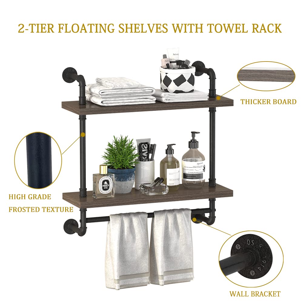 Helsin 2 Tier Wood Floating Shelves Towel Rack, Industrial Pipe Bathroom Shelves Wall Mounted with Towel bar, Wall Display Storage Shelf for Home & Bathroom Decor (Gray, 24inch)