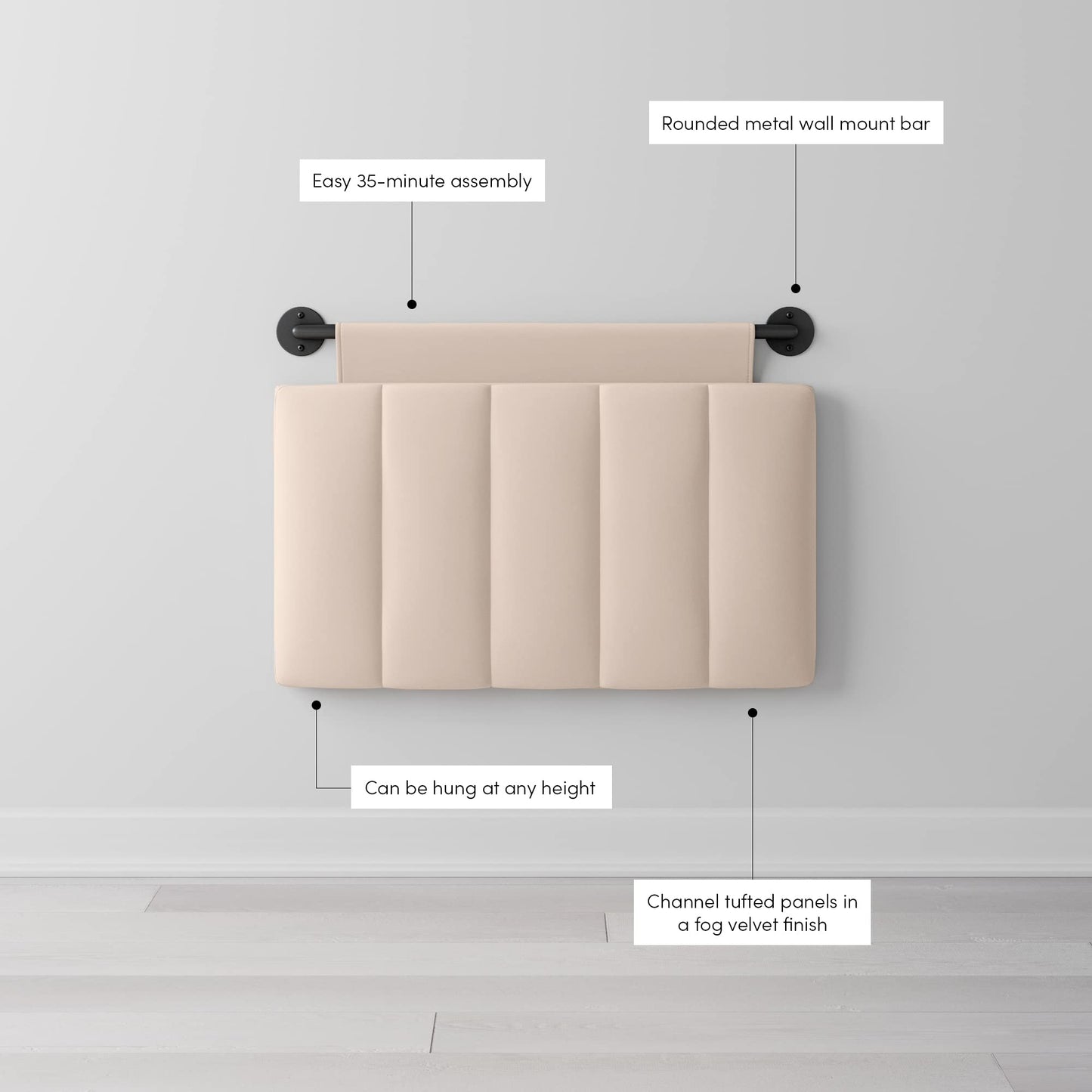 Nathan James Remi Channel Tufted Wall Mount Hanging Headboard, Twin, White Cloud/Matte Black