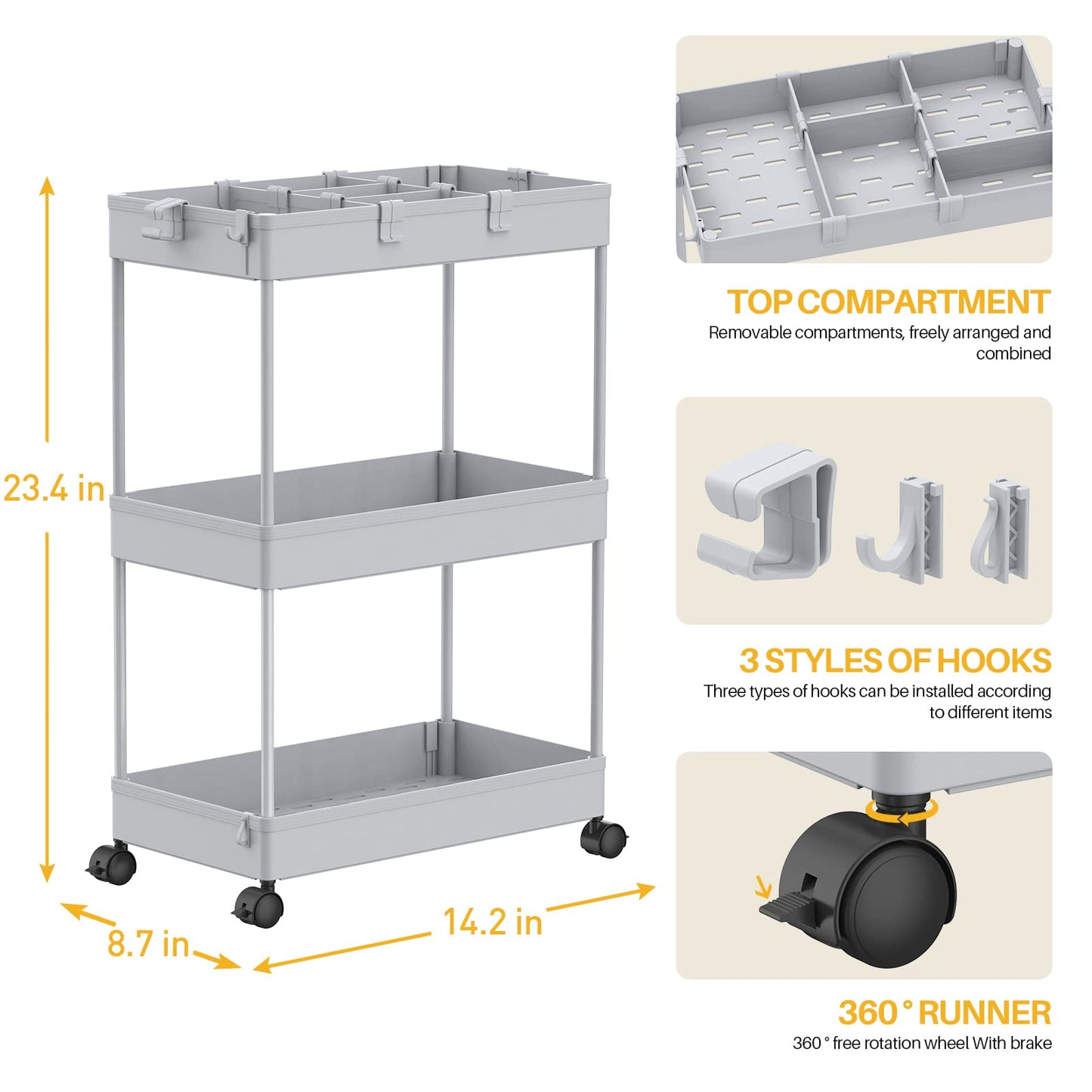 SPACELEAD 3 Tier Rolling Cart with Wheels, Storage Craft Art Trolley Organizer Serving, 3 Hanging Baskets Easy Assembly, for Office, Living Room, Kitchen, Gray