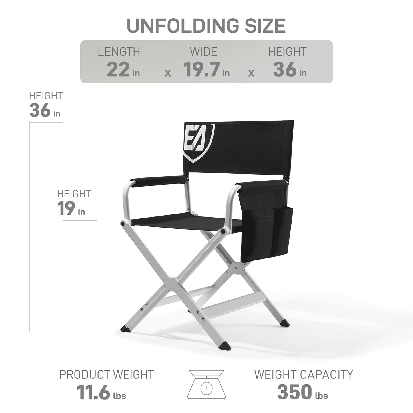 EVER ADVANCED Aluminum Directors Chair, Folding Studio Movie Chairs Camping Event Vendor Chair, 19" Seat Height Black Fabric/White Frame, Support 350lbs