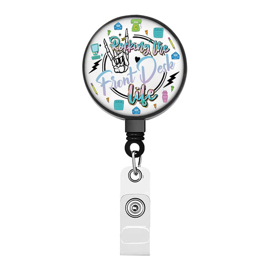 BEKECH Front Desk Badge Reel Rocking The Front Desk Life Office Receptionist Gift Funny Badge Holder Chaos Coordinator Gifts (Office Receptionist)