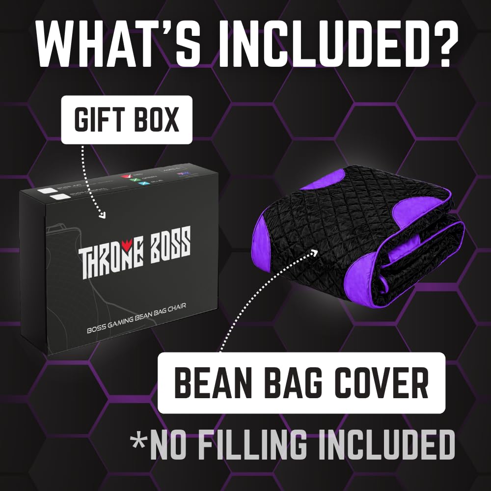 Throne Boss Gaming Bean Bag Chair Cover for Kids with High Back, Purple –Gamer chair for kids with 2 x Large Side Pockets, Headphone Hanger, Easy to Clean Fabric, requires 200 Liters Polystyrene Beans