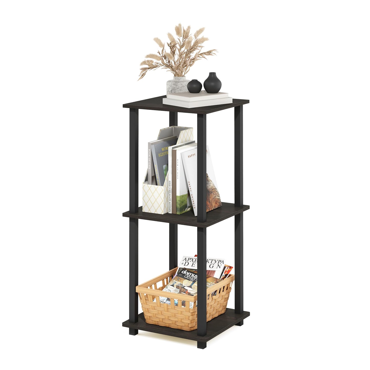Furinno SIMPLISTIC Side Table Set of 2, 2-Tier Square Modern End Table, Nightstand, Night Stand, Bedside Table, Toolless Assembly, for Living Room, Bedroom, Espresso