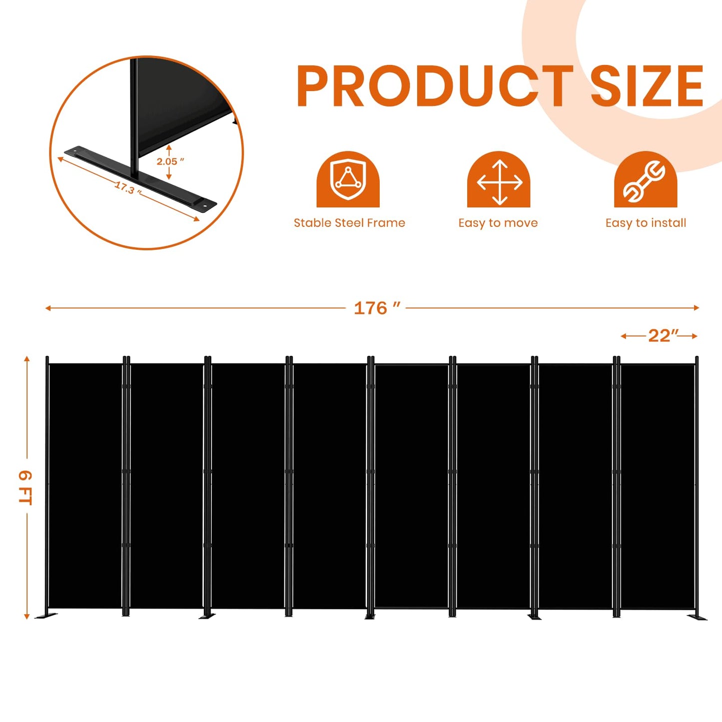 SUNALLY Room Divider 6FT Folding Privacy Screens, 8 Panel Fabric Divider for Room Separation, 176" W Freestanding Portable Wall Dividers Screen for Home Dorm Studio Office, Black