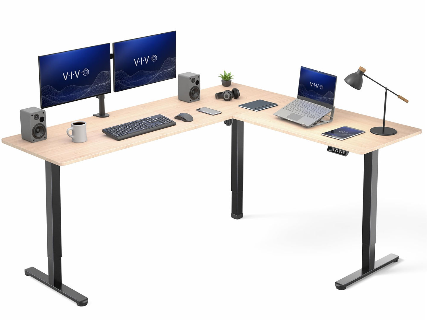 VIVO Corner Standing Desk, 75 x 63 inch Reversible L-Shaped Workstation, Electric Height Adjustment, Home, Office, and Reception Rooms, Real Bamboo Table Top Black Frame, DESK-E3CTBO-75
