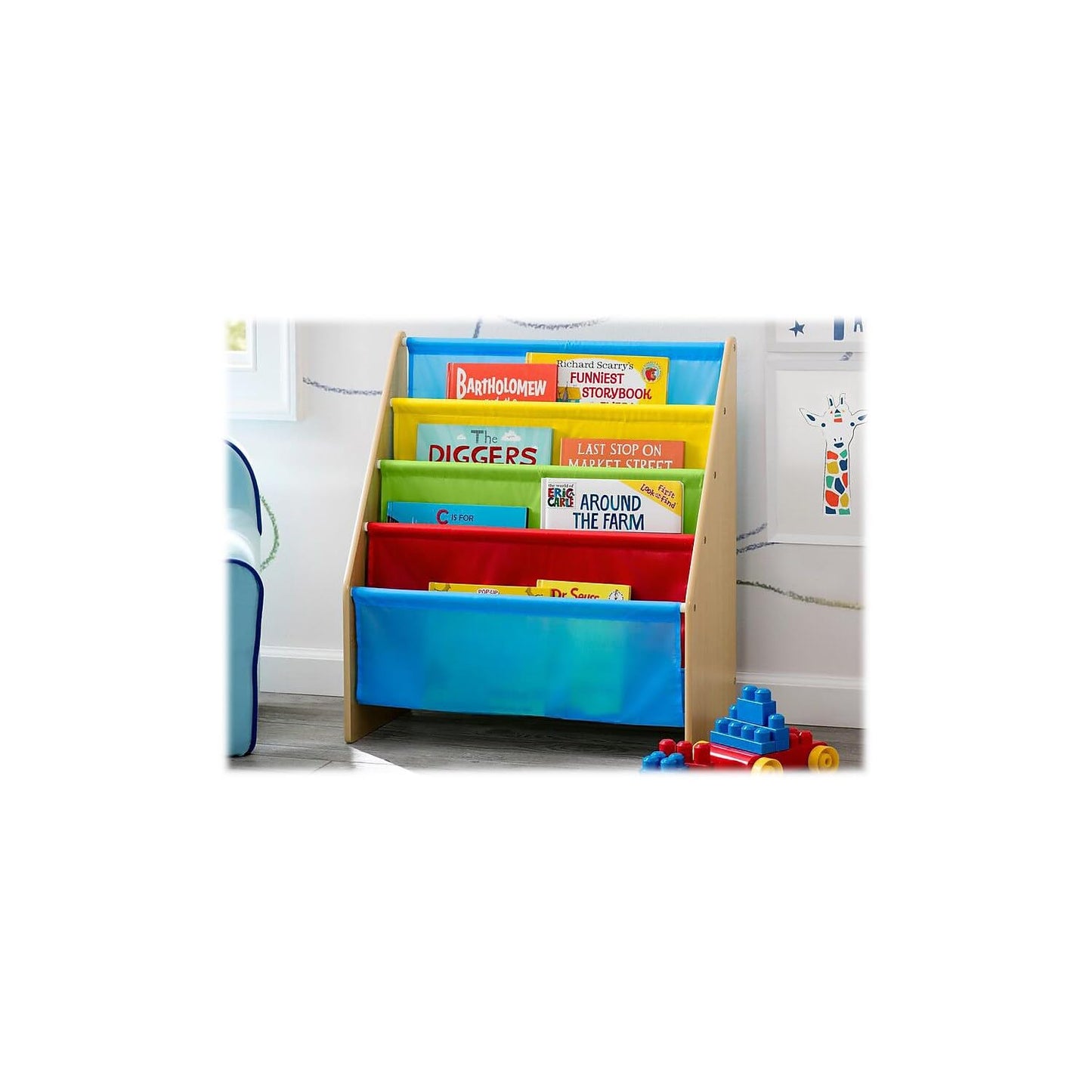 Delta Children Sling Book Rack Bookshelf, 4-Tier Wooden Shelf with Soft Fabric Pockets, Ideal for Playroom, Living Room, Basement, or Bedroom