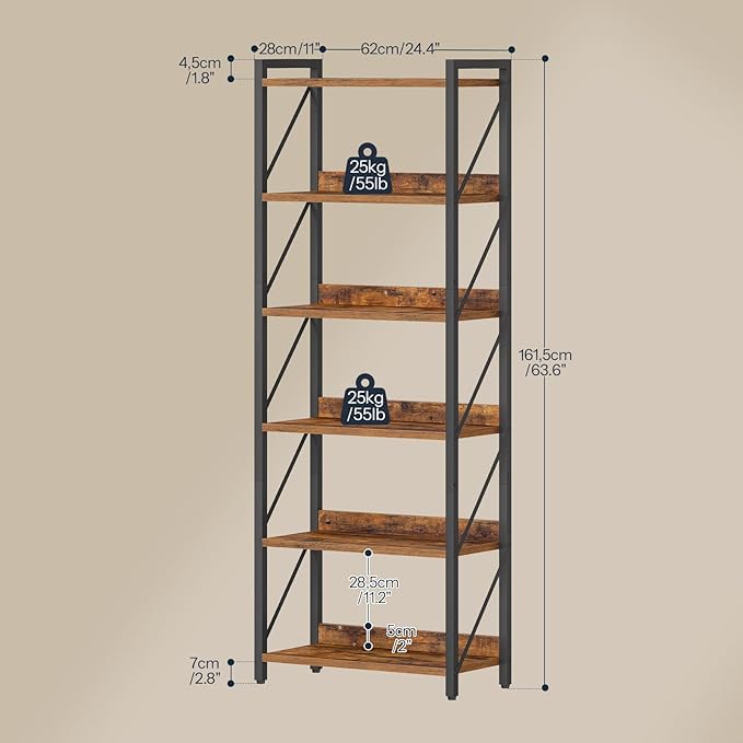 HOOBRO Bookshelf, 6-Tier Industrial Bookcase, Book Shelf Storage Organizer