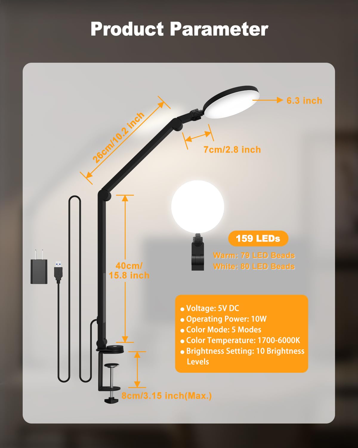 Desk Lamp, ZAPLIT 10W LED Desk Light with Clamp & Adjustable Arm for Home Office, Touch Control Eye-Care Light for Reading with 5 Color Temps (1700K-6000K) & 10 Brightness, Timer, USB Adapter Included