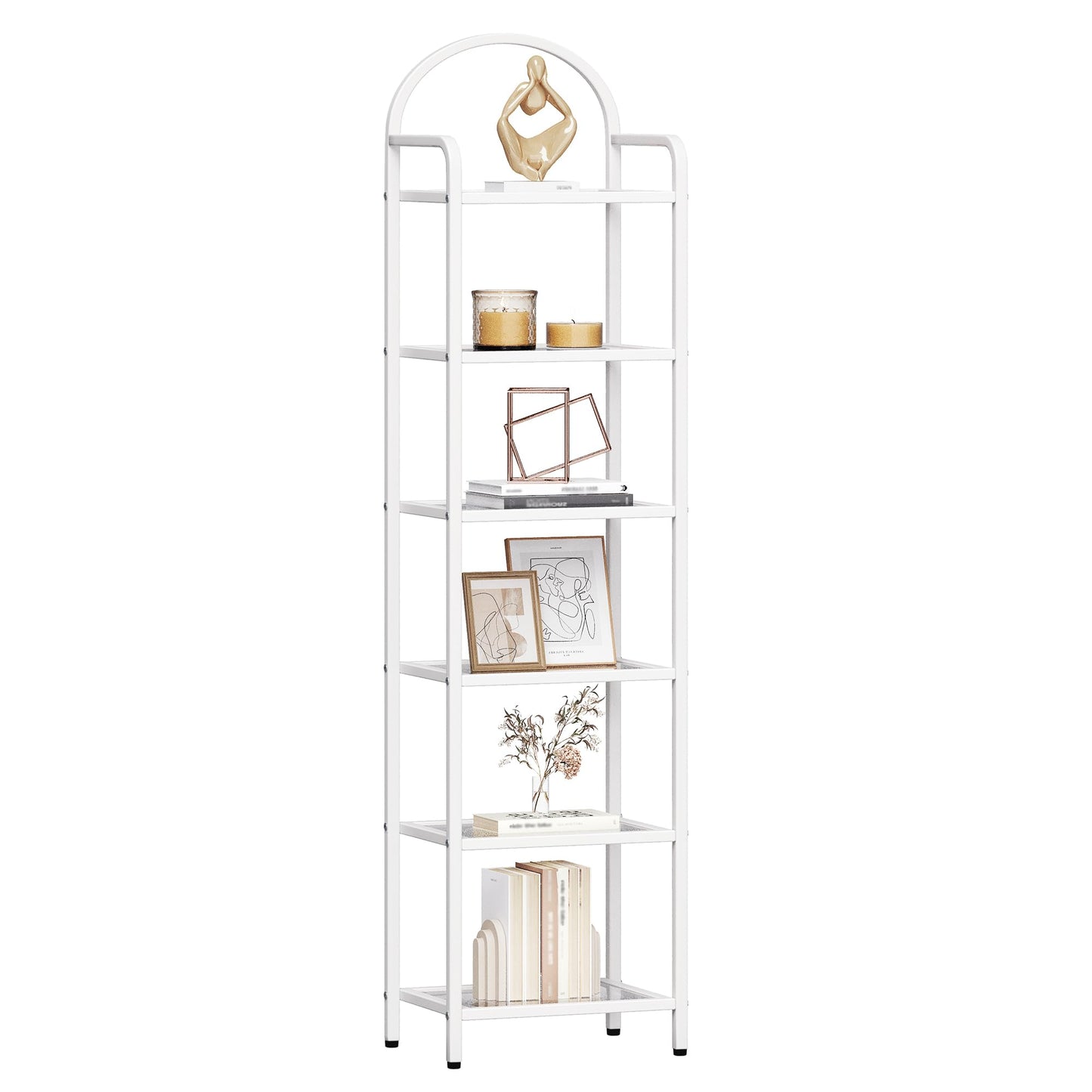 Hzuaneri Bookcase Bookshelf, Tempered Glass Bookshelves, Slim Shelving Unit for Bedroom, Bathroom, Home Office, Steel Frame, 6 Tier White BC10699W