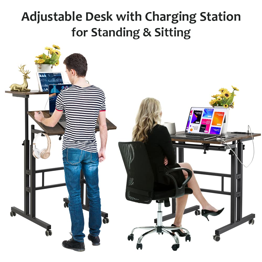 Hadulcet Mobile Standing Desk with Wheels, Rolling Desk Adjustable Height, Portable Laptop Table with Charging Station, Sit Stand up for Home Office, Study, Classroom, Rustic Brown