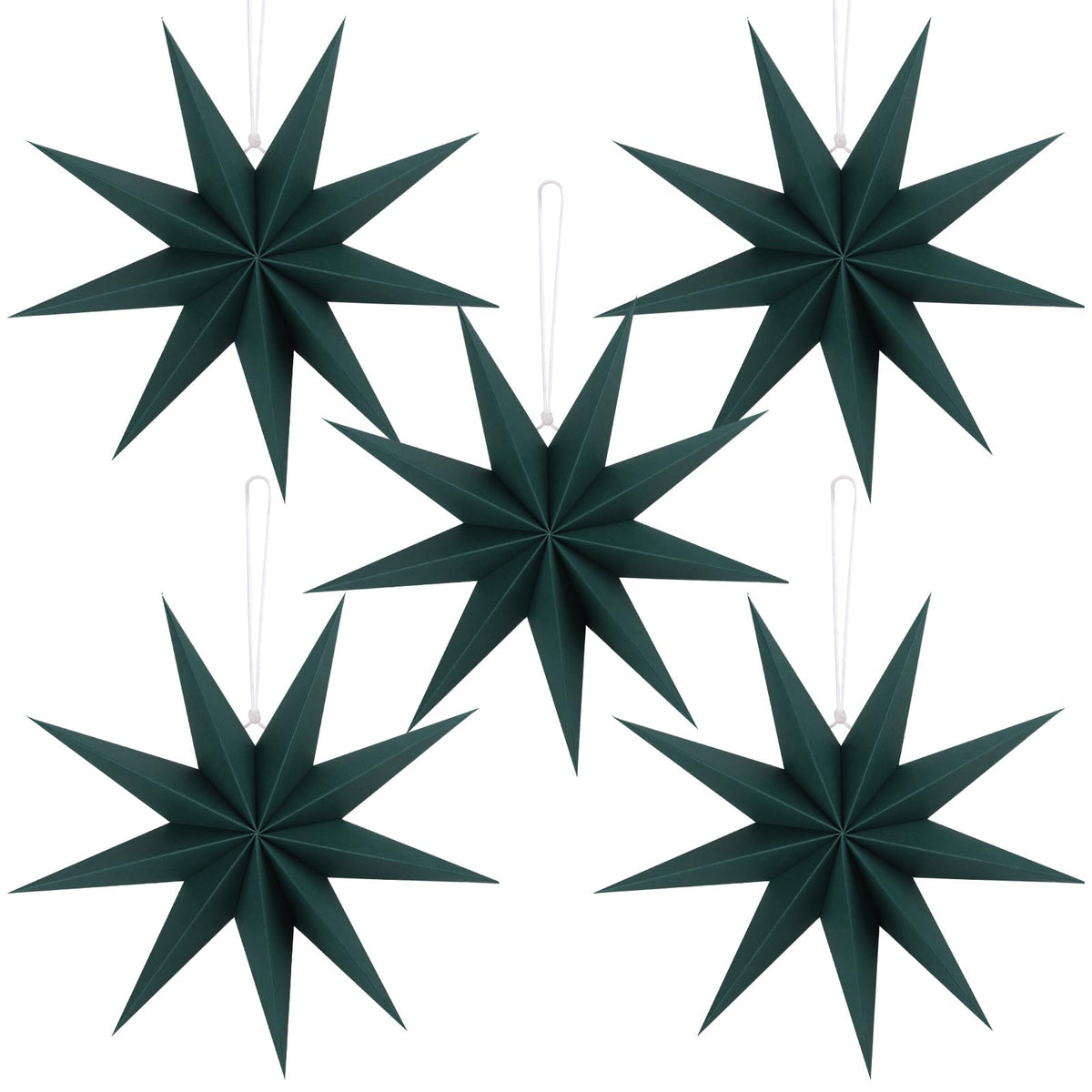 BestoFun 12 Inches 5 PCS Dark Green Paper Star Lanterns Christmas Party Decorations Hanging Stars Christmas Party Decorations Wedding Birthday Christmas Home Party Decorations(9 Pointed)