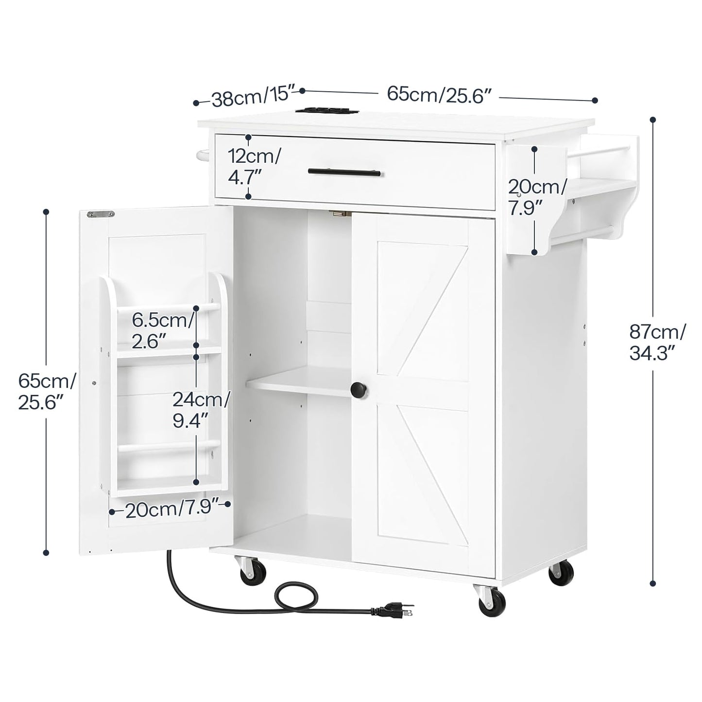 HOOBRO Kitchen Island with Power Outlet, Kitchen Storage Island with Large Worktop, Spice Rack and Drawer, Rolling Kitchen Island Cart on Wheels, for Kitchen and Dining Room, White WT88UZD01