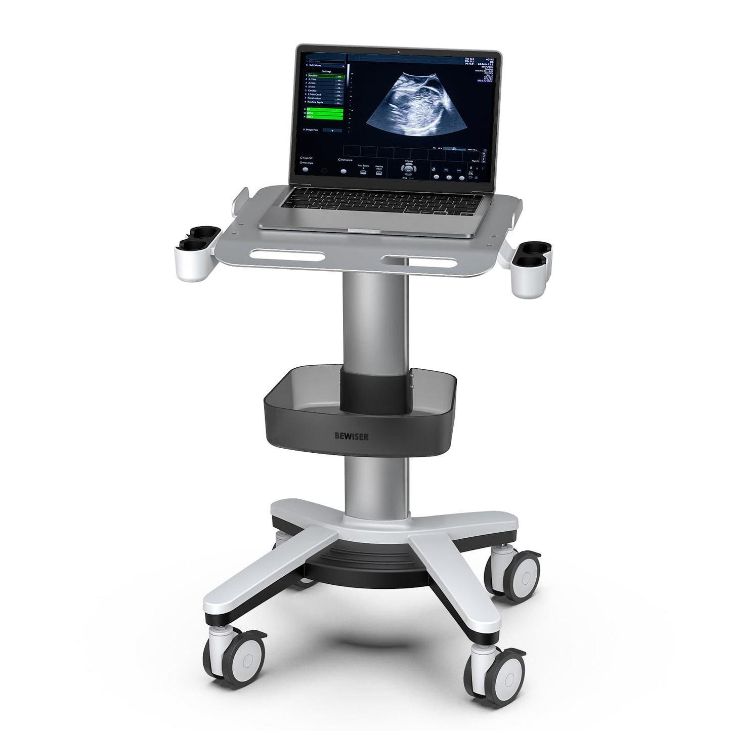 BEWISER Medical Trolley Laptop Cart with Oral Scanner Holder, Mobile Workstation on Lockable Wheels, Ultrasound Scanner Storage Cart for Hospital Dental Clinic, Salon and Labs
