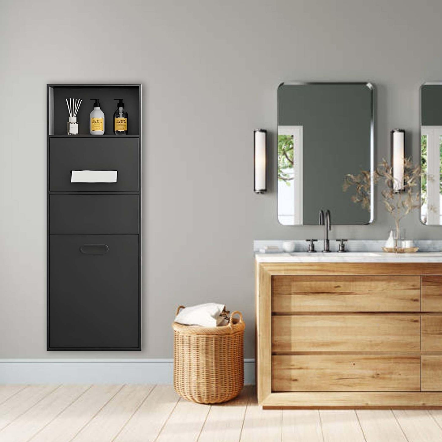 Wall Mounted Hidden Trash Can Cabinet, Stainless Steel Waterproof Tissue Box, Decorative Shelf Niche for Bathroom, Space-Saving Black Organizer, Stylish Waste Bin Solution