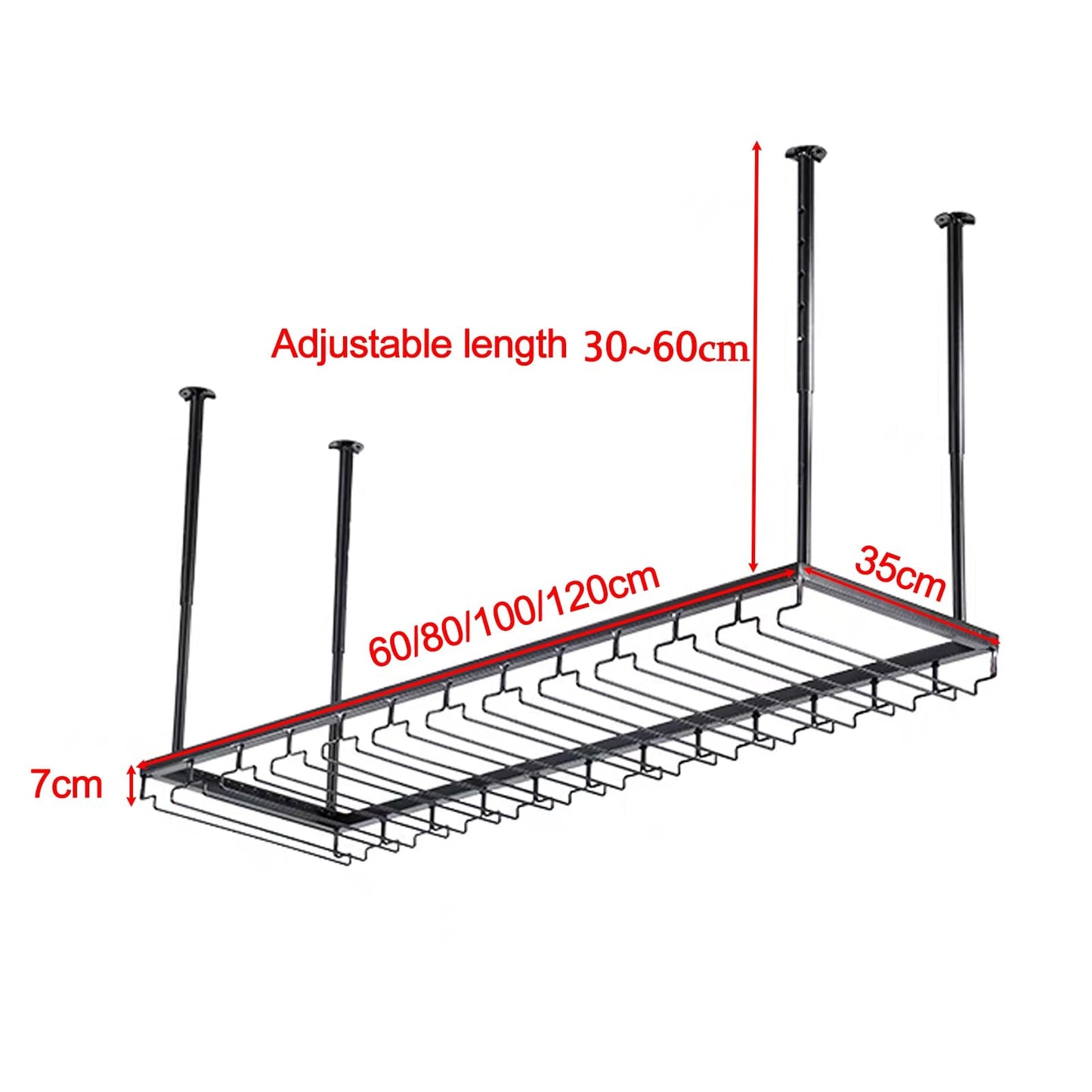 GFRWKCEX Ceiling Shelves Creative Wine Glass Holder, Black Metal Upside Down Decoration Rack, Adjustable Height Goblet Display Stand for Bar Home Cafe(60x35cm(24x14inch))