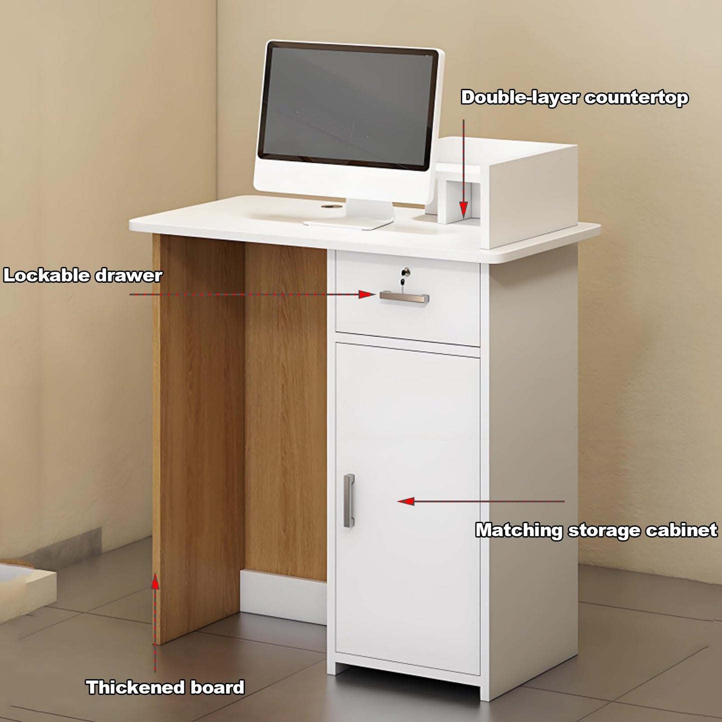 Modern LED Reception Desk for Salon & Office - Stylish Apricot Front Counter, 100cm/39.3in Lobby Furniture, Contemporary Design for Shops & Waiting Areas