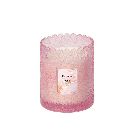 Kamria Pink Vintage Glass Candle, Subtle Rose Muse Scented Aromatherapy Decor for Home Relaxation, Coquette Aesthetic Room Gift for Women, 7oz