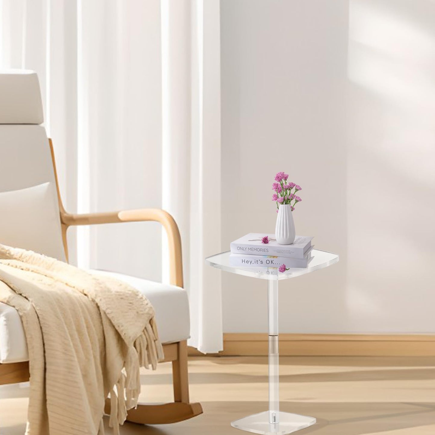 Chihutown Square Drink Table, 10" Lx10 Wx21.6 H Acrylic Side Table for Small Spaces, Clear Pedestal Side Table, Cocktail Martini Table for Living Room, Bedroom, Sofa, Chair, Clear