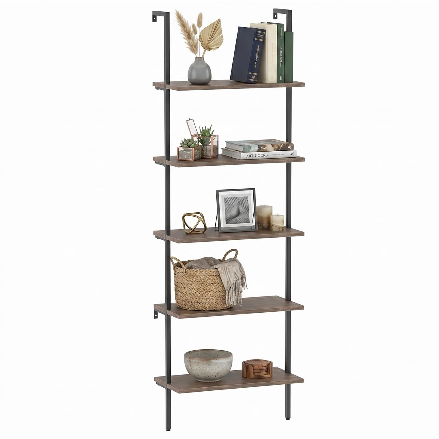 Wolawu 5 Tiers Ladder Shelf Brown Modern Bookshelf Open Tall Wall Mount Bookcase Standing Leaning Wall Shelves Industrial Decorative Living Room Bed Room