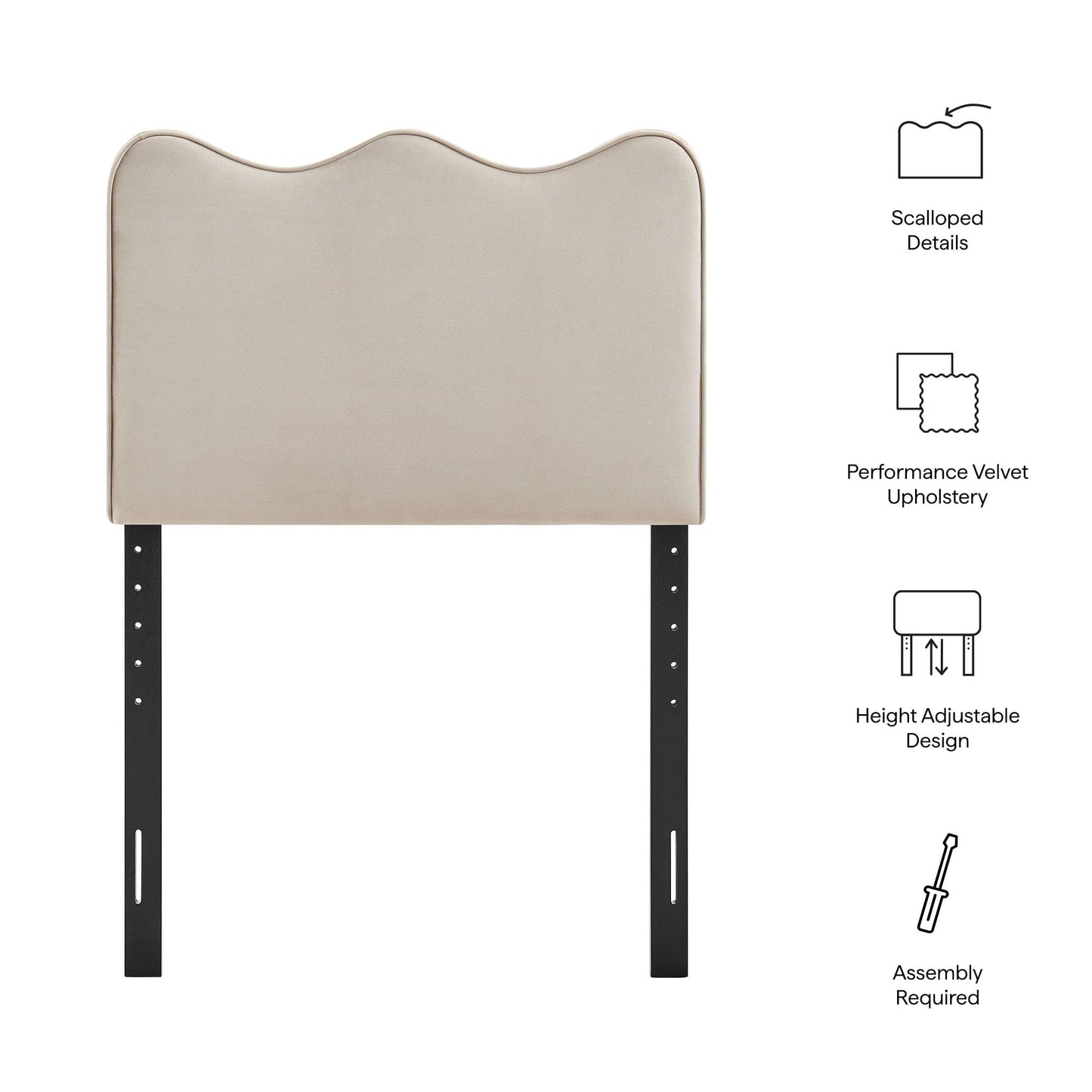 Monday Athena Twin Size Performance Velvet Adjustable Headboard in Almond - with Scalloped Wave Design and Stain-Resistant Velvet Upholstery