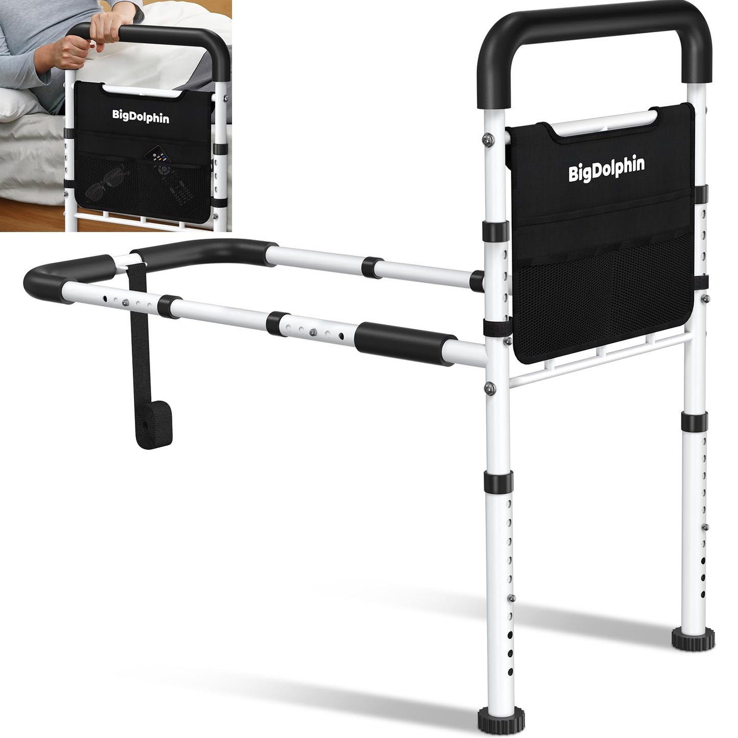 BigDolphin Bed Assist Rail for Elderly - ASTM Approved, 400 LBS Capacity, Tool-Free, Stable Bed Assist Rails for Seniors with Ergonomic Non-Slip Handle & Storage Pocket