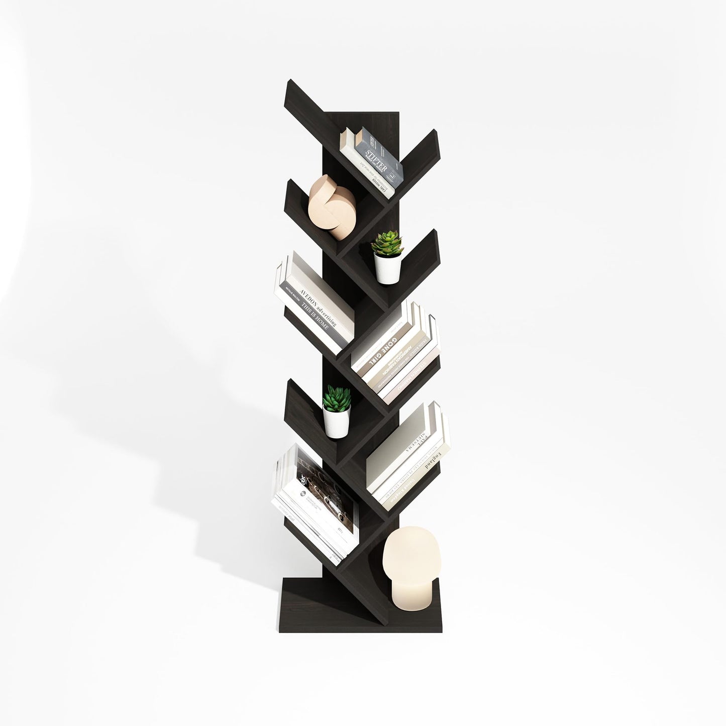 Furinno Tree Book Shelf, 9-Tier Bookshelf, Tree Bookcase for Room Decor, 8.4 x 15.7 x 50.9, for Living Room, Bedroom, Home Office, Black Espresso