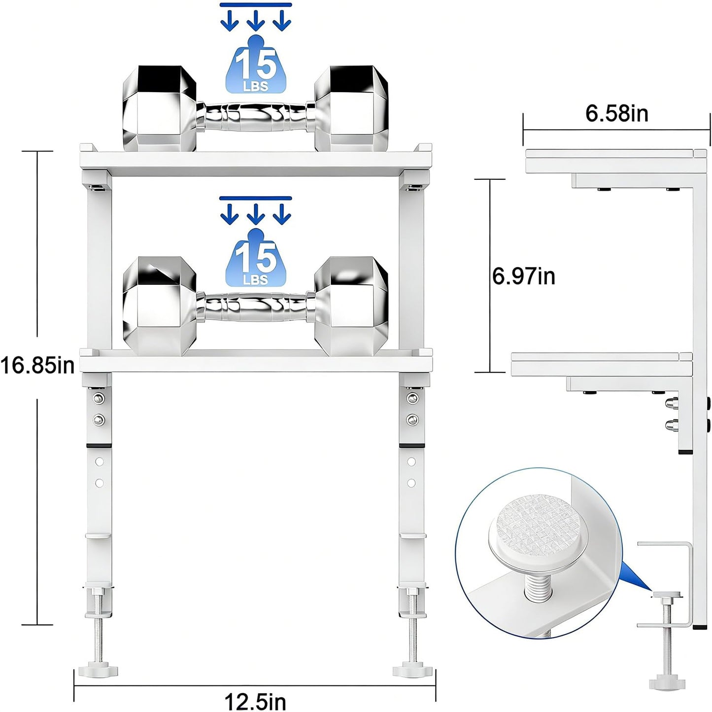 OUTIOE 2-Tier Desk Shelf, Expandable Under Desk Storage, Clamp on Desk Shelf, Desktop Accessories for Offices, Study Rooms, and Game Rooms (White)