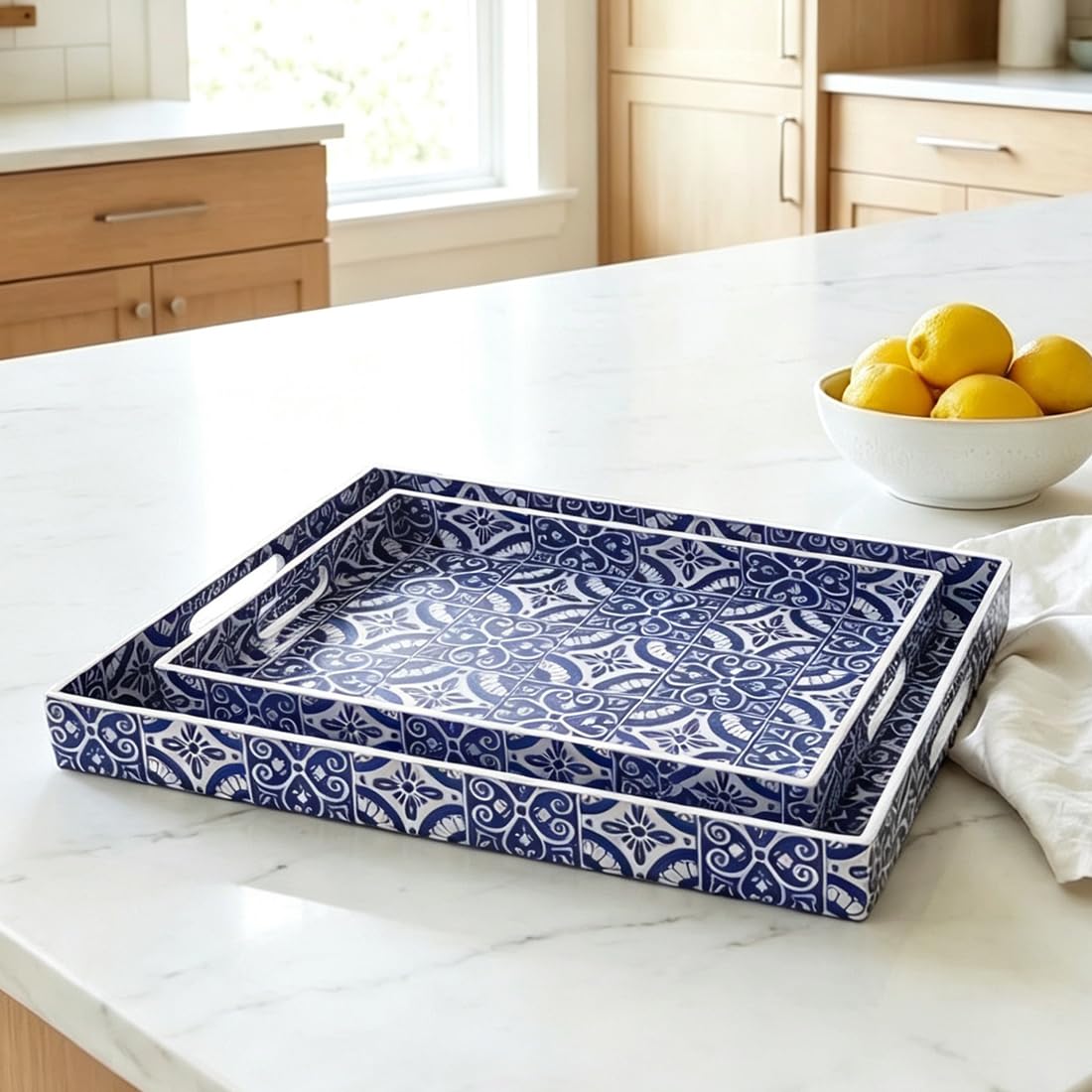 Umisriro 2 Pack Serving Tray with Handles, Rectangular Decorative Trays for Coffee Table, Modern Blue Plastic Ottoman Tray for Living Room, Bathroom, Kitchen, Decor, (Boho Blue)