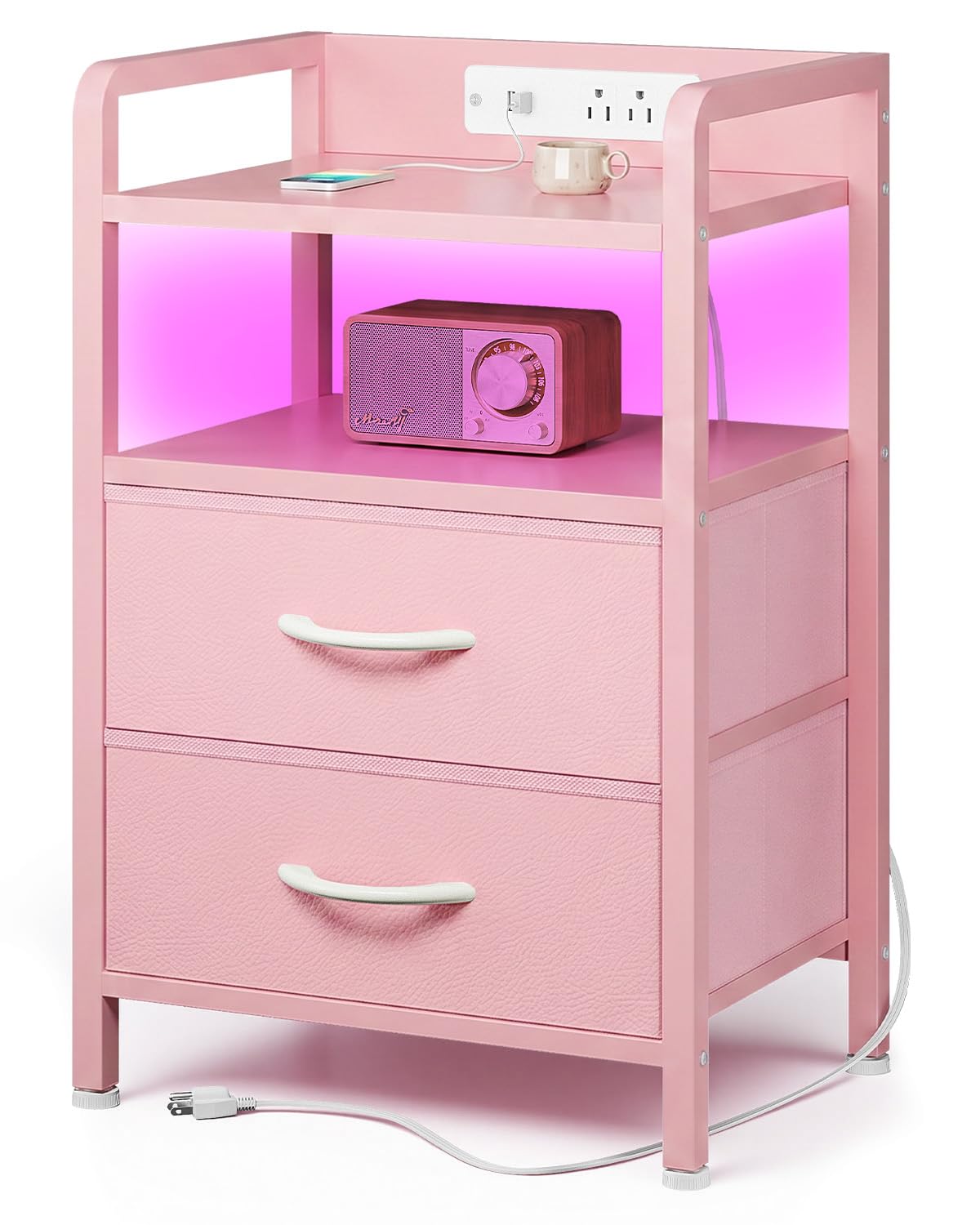 Lazzanto Night Stand Bedside Charger Bedroom - Nightstand with Charging Station & LED Light Strip, Night Stand with Storage Shelf & 2 Fabric Drawers, Morden End Table with USB Ports&AC Outlets,Pink