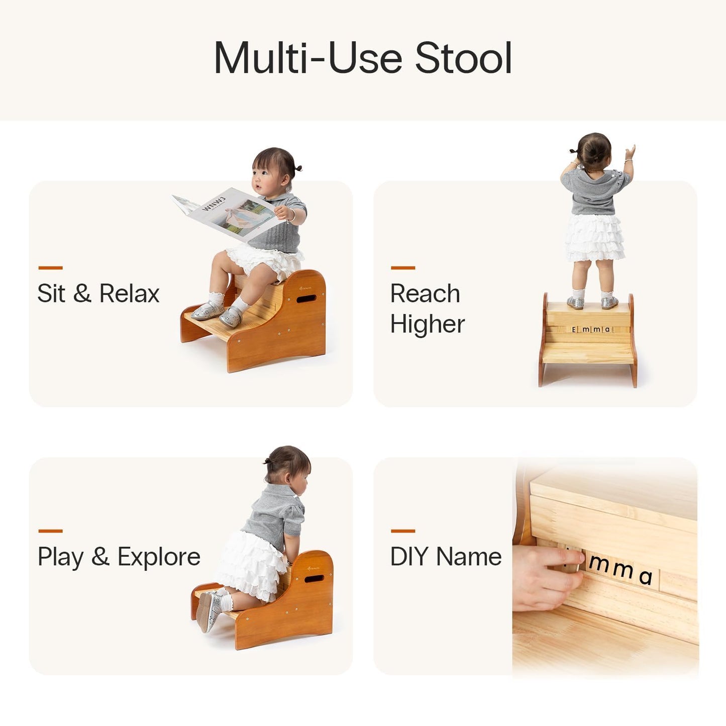 StrongTek Wooden 2-Step Stool, Lightweight Pine Wood Step Stool with Non-Slip Pads, Easy-Clean Personalized Name Display Stool for Bedroom, Playroom, and Home Use