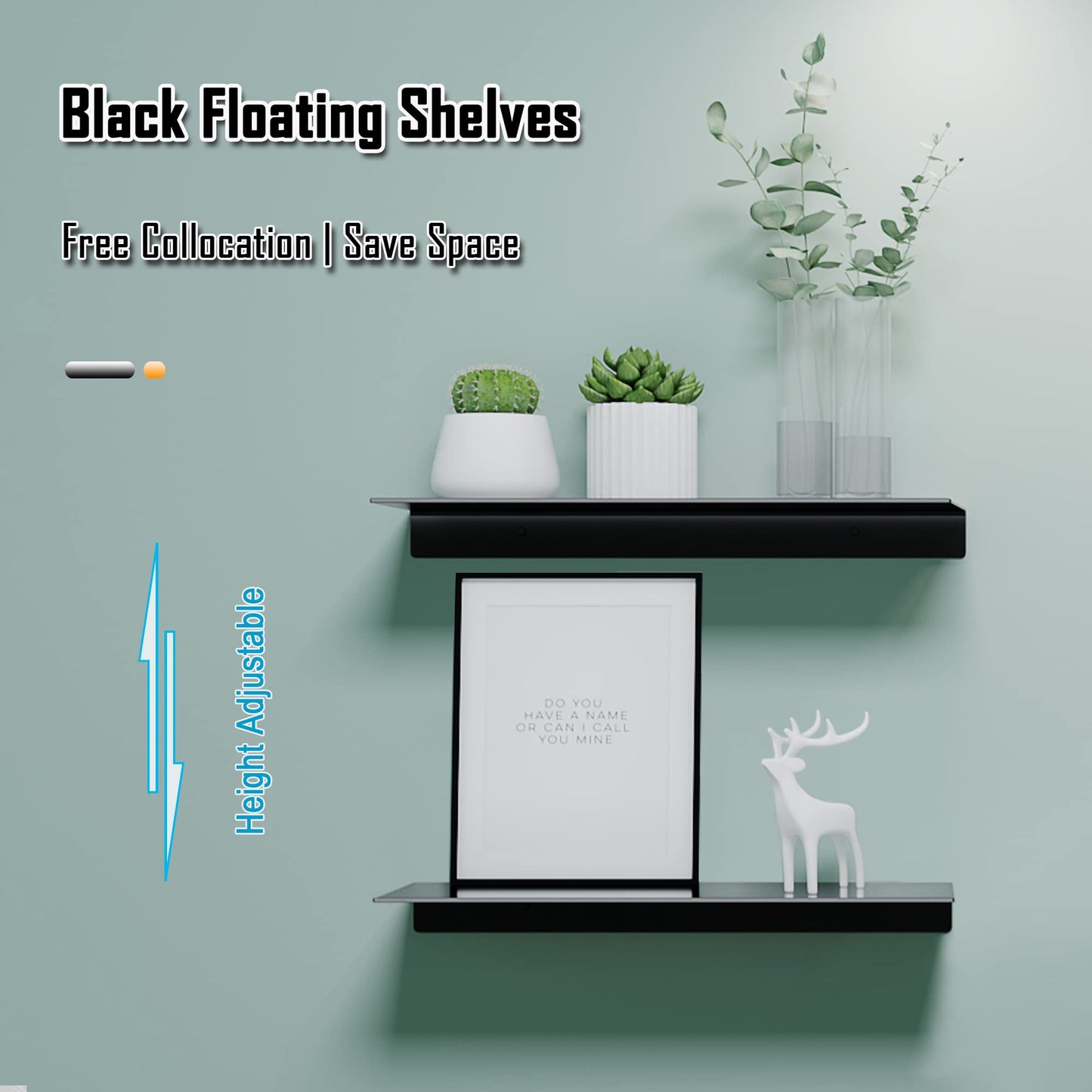 HNVNER Black Metal Wall Shelves, 15.7" (W), No Drilling, Adhesive Floating Wall Shelf for Living Room, Bedroom, Bathroom, Aluminium Shower Caddy (2 PCS)