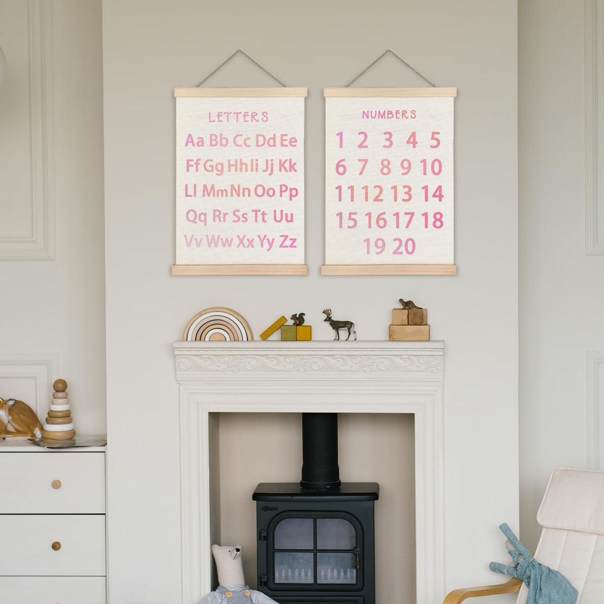 Supwhd Classroom Wall Decor, Numbers and Alphabet Educational Wall Art Poster, Alphabet ABC Numbers from 1 to 20 Poster Wall Decor for Toddler Kids Room Playroom Classroom, 12x16 Set of 2（Pink）