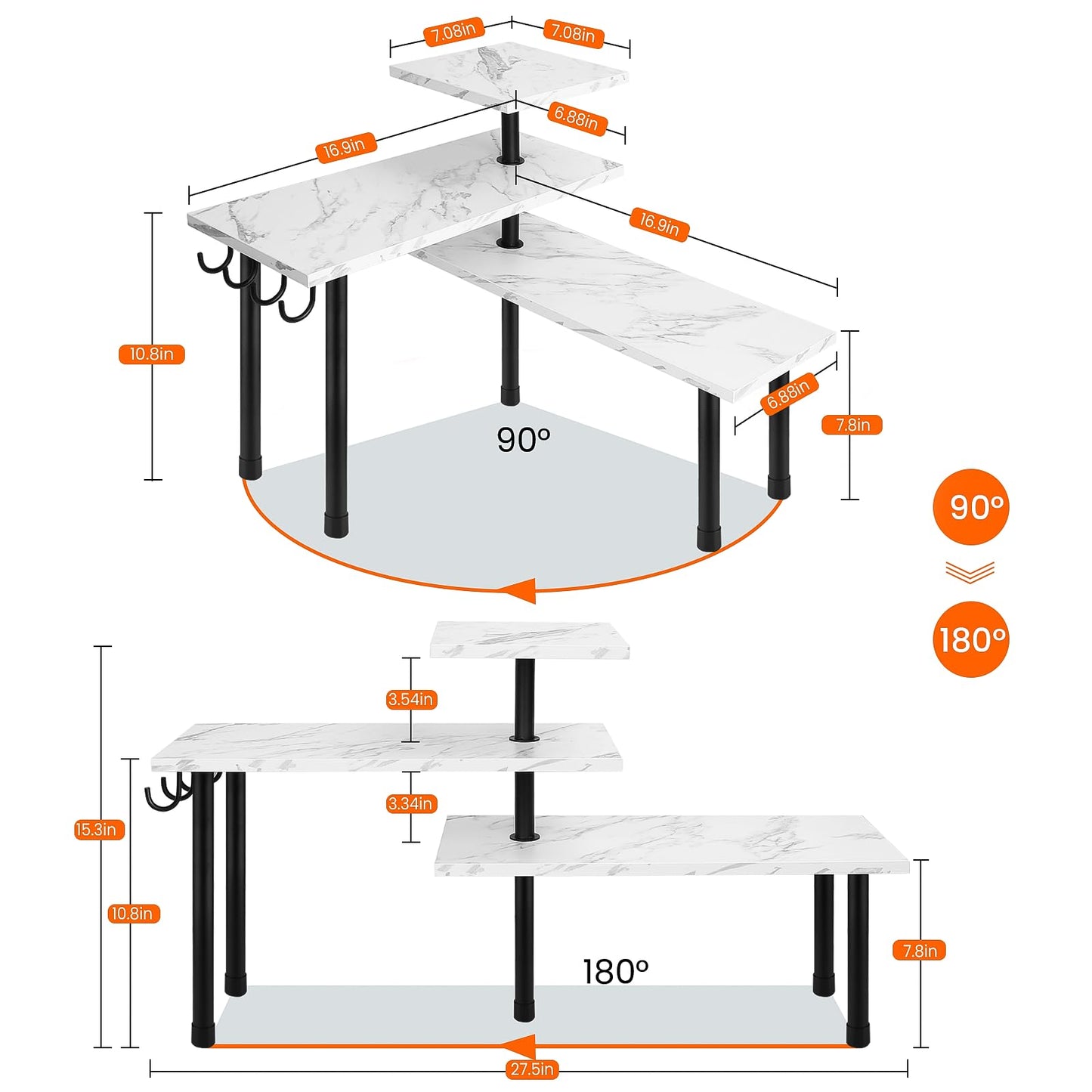 Homode Bathroom Counter Corner Shelf, 3 Tier Kitchen Countertop Organizer for Over The Sink, Make Up, Dresser Table, White Marble