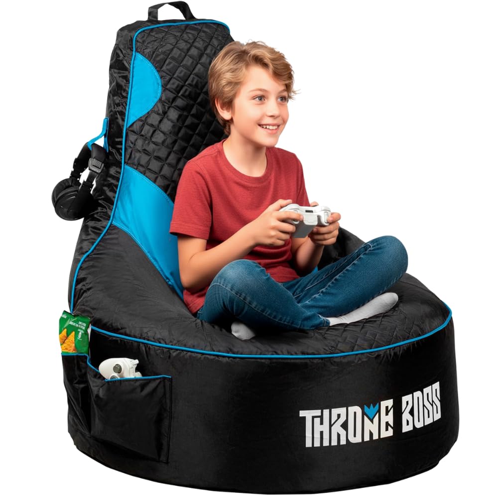 Throne Boss Gaming Bean Bag Chair Cover for Kids with High Back, Blue – Gamer Chair for Kids with 2 x Large Side Pockets, Headphone Hanger, Easy to Clean Fabric, Requires 200 Liters Polystyrene Beans