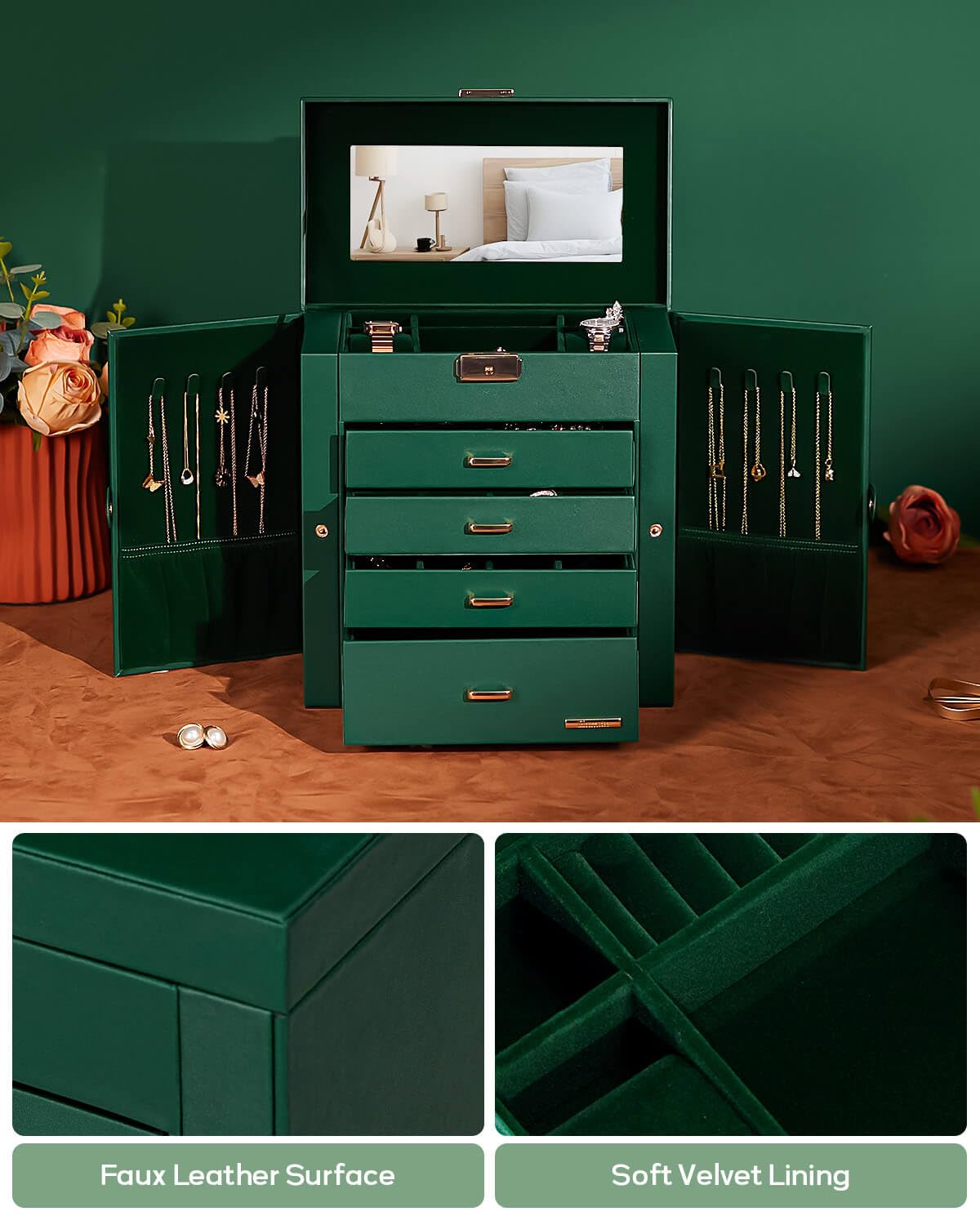 Homde Synthetic Leather Huge Jewelry Box Mirrored Watch Organizer Necklace Ring Earring Storage Lockable Gift Case (Forest Green + Gold)