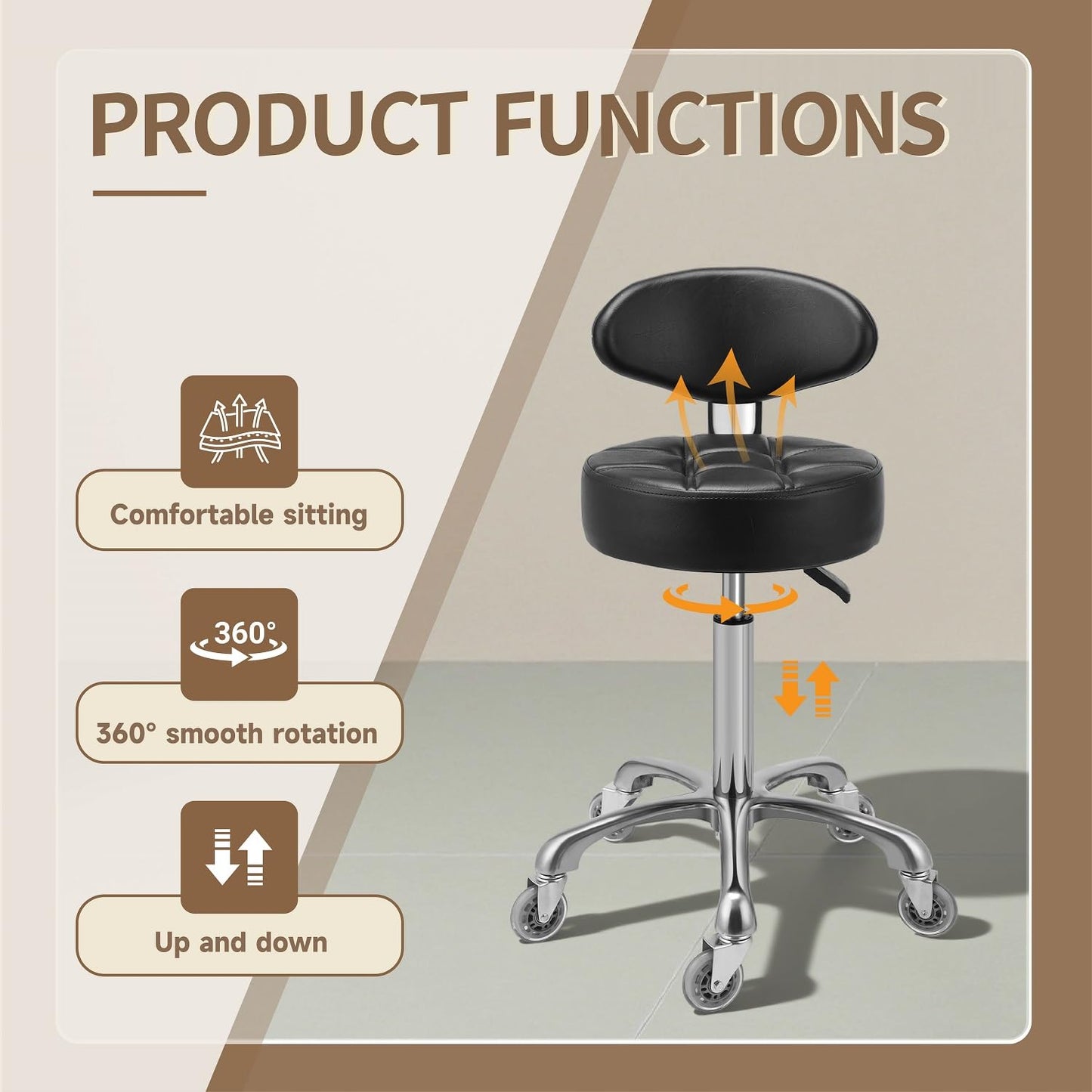 Kaleurrier Rolling Stool with Back Rest, Swivel Chair Adjustable Height, Heavy Duty Stools for Kitchen Salon Bar Office Garage Shop Massage (with Back Rest) (Black)