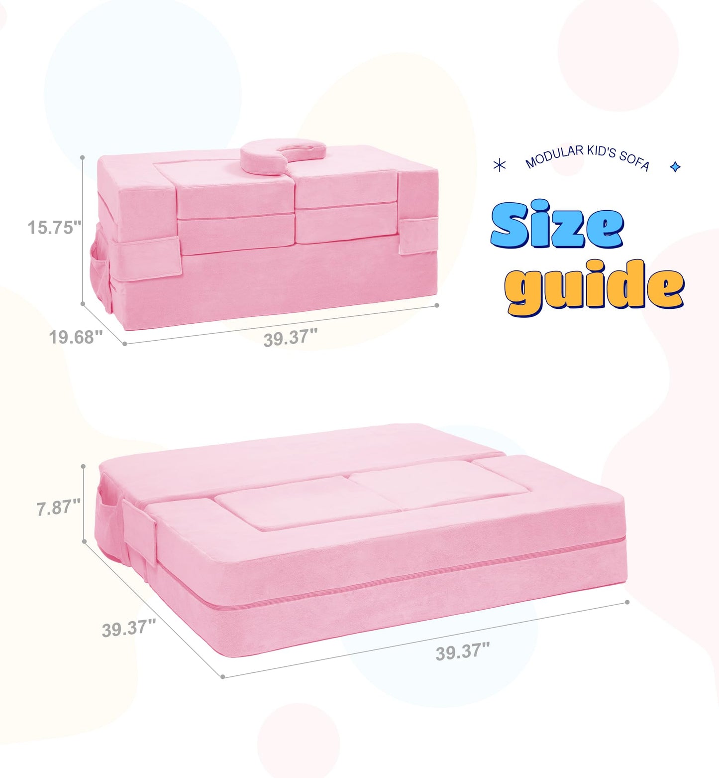 Elftopia Modular Kids Sofa,Toddler Couch Foam Armchair for Kids, Children Convertible Plush Sofa Play Set,Fold Out SofaBed(Pink)