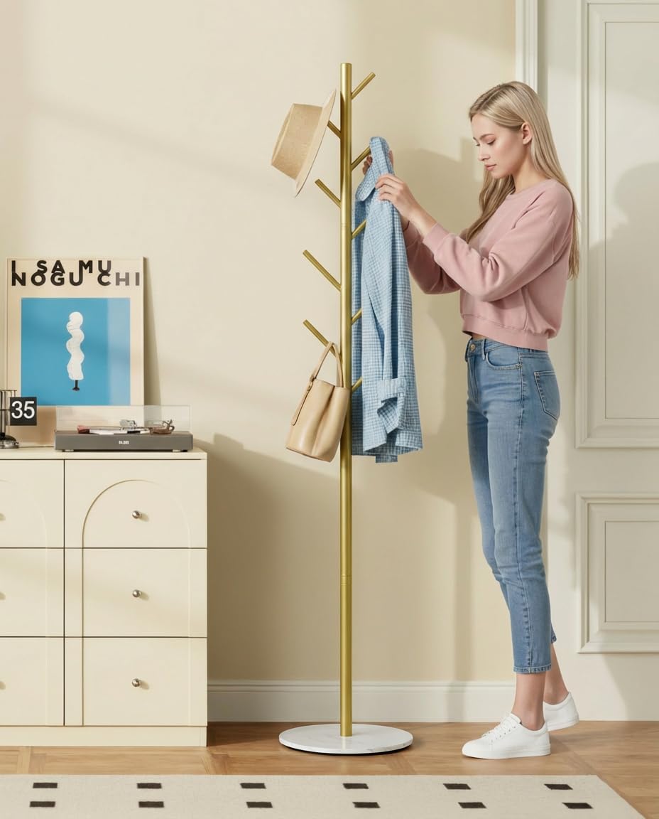Tujurich Coat Rack with 8 Hooks, 3 Adjustable Heights, Modern Hall Tree, Sturdy Metal Clothes Stand with Sintered Stone Base for Entryway, Office, Bedroom, for Coats, Hats, Handbags and Scarves, Gold