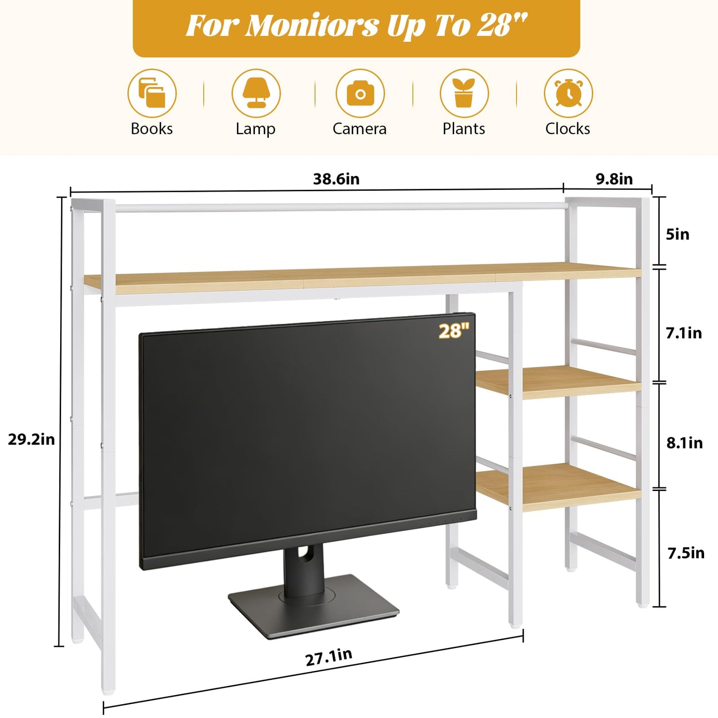 HavenlyYouth Desk Shelf, 38.6 Inch Wood Desk Organizer Shelf for Computer Monitor, Desk Hutch Storage, Desktop Shelf for Top of Desk, 3 Tier Desktop Bookshelf for Home Office Dorm, White