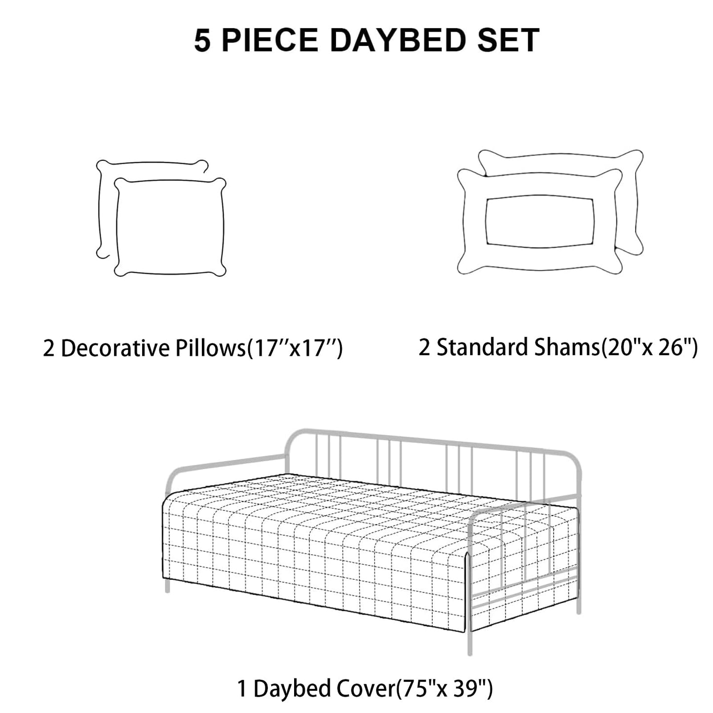 TieyaChkis 5 Piece Daybed Cover Set Twin Daybed Bedding Sets for All Season Lightweight Daybed Comforter with Matching Shams&Decorative Pillows, Double Sided-Quilting Day Bed Cover,39"x75",Beige