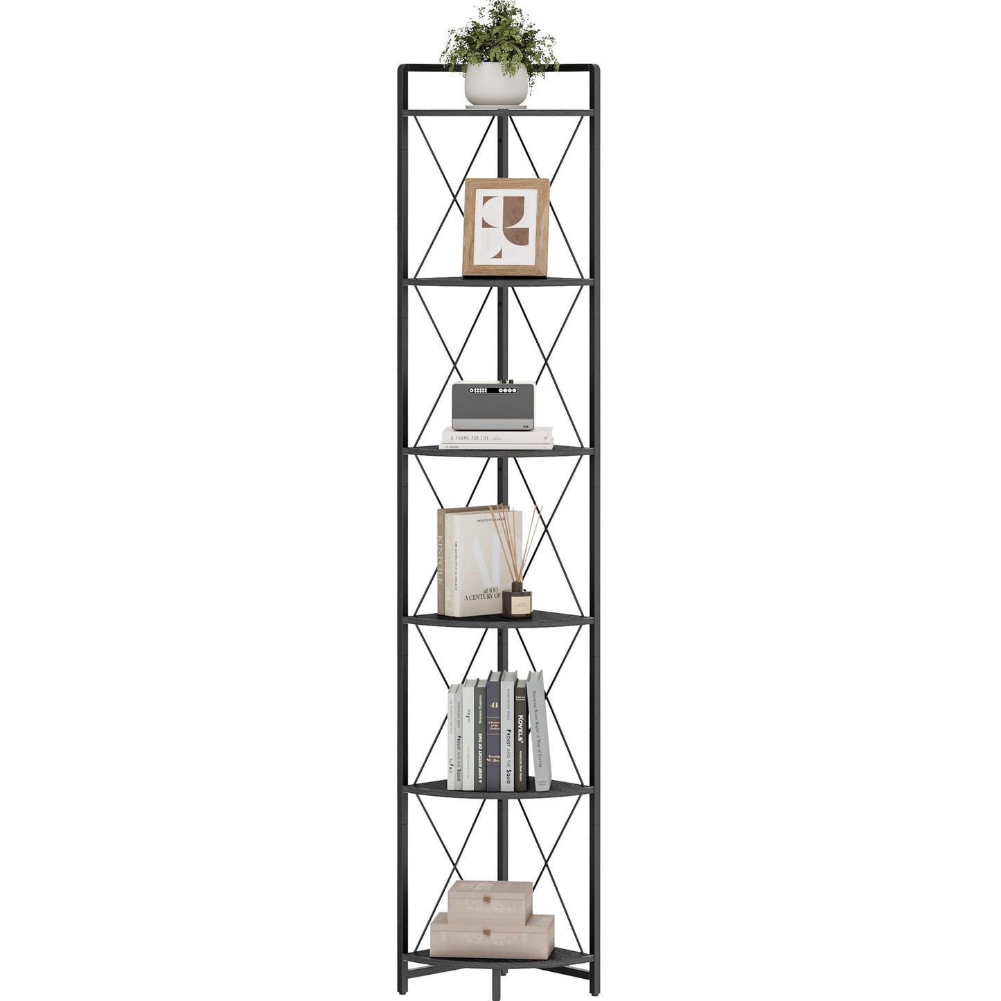Cerlyunzan 6 Tier Corner Shelf Stand, 78" H Tall Industrial Corner Bookshelf for Living Room Decor, Metal Corner Shelf, Plant Stand Display Shelf for Bedroom, Bathroom, Small Space, Black