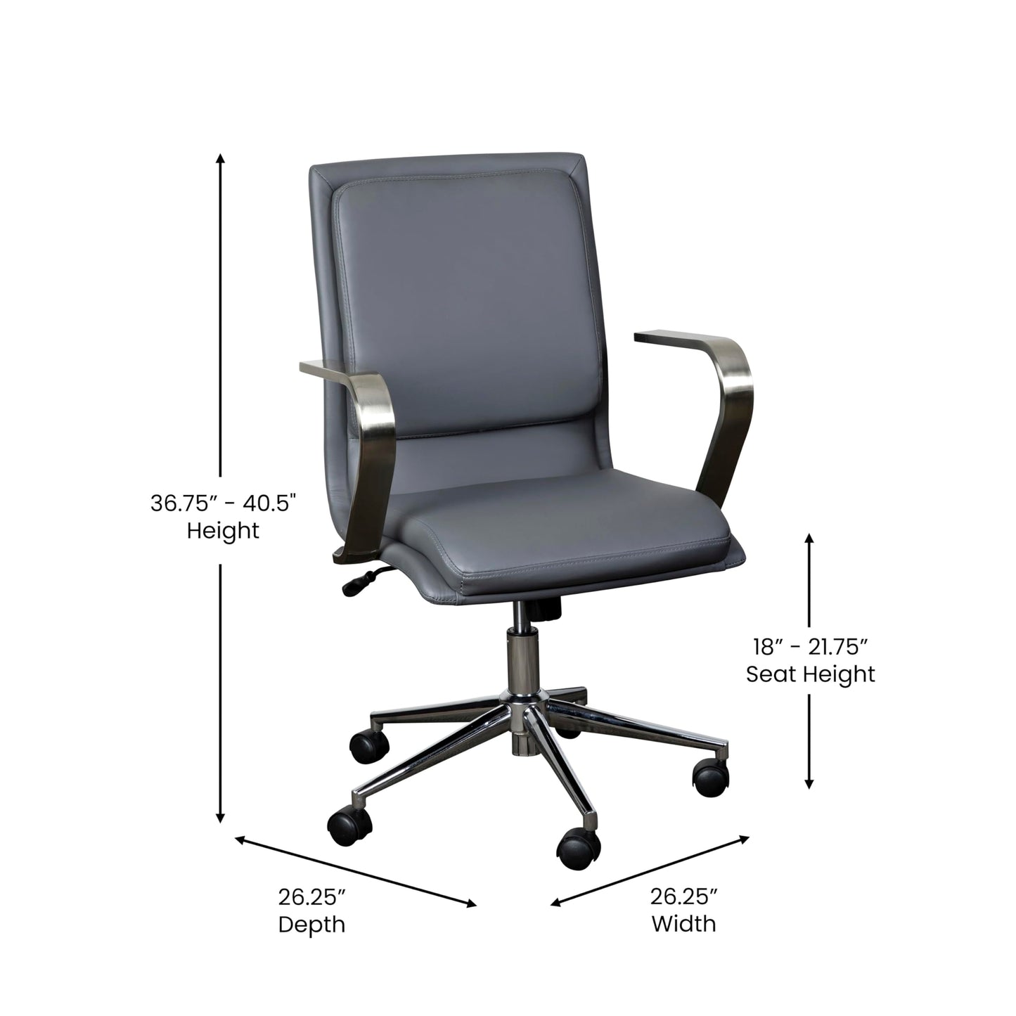 Flash Furniture James Mid-Back Designer Executive Office Chair - Gray LeatherSoft Upholstery - Brushed Chrome Base and Arms - Height Adjustable 360° Swivel Seat