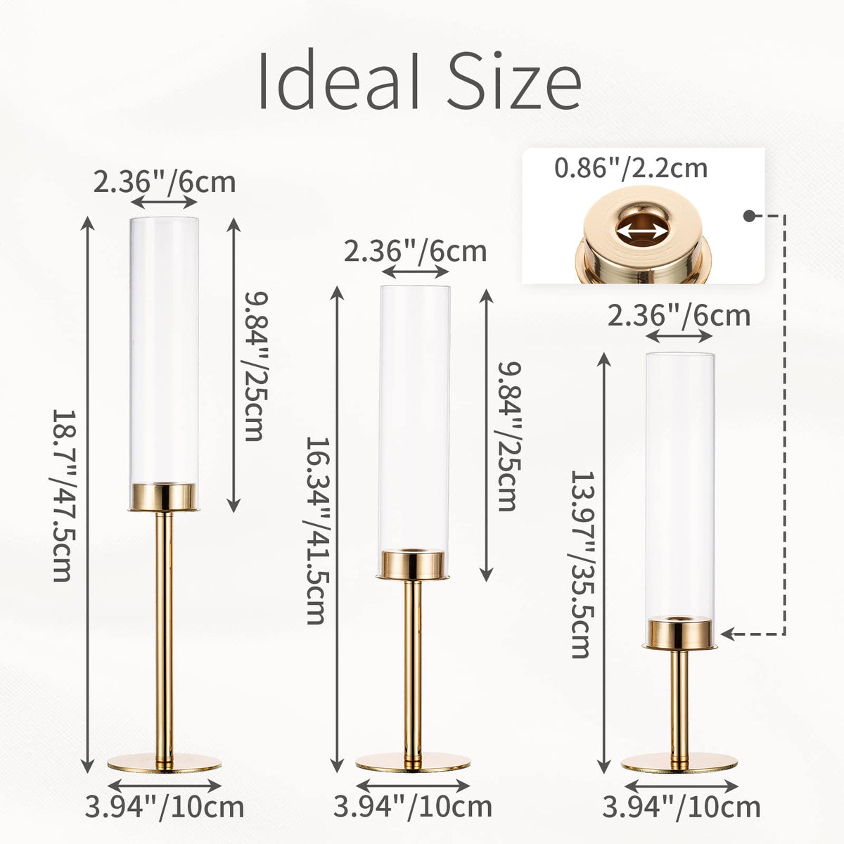 Inweder Hurricane Taper Candle Holders: Gold Glass Candlestick Holder Tall Candle Sticks Holder Decor with Glass Cover for Wedding Table Centerpiece Party Birthday Christmas Home Mantel Set of 3