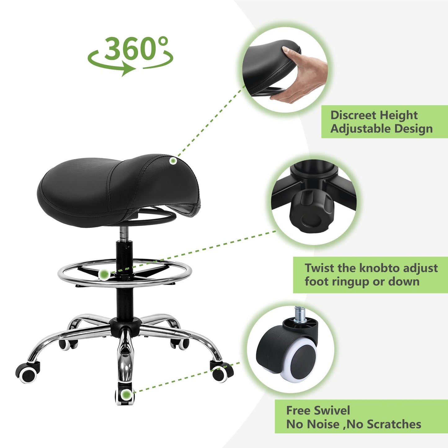 Ergonomic Salon Stool, Black Rolling Saddle Chair with Footrest, Height Adjustable Swivel Seat with Wheels for Hairdresser, Barber, Tattoo Artist, Spa