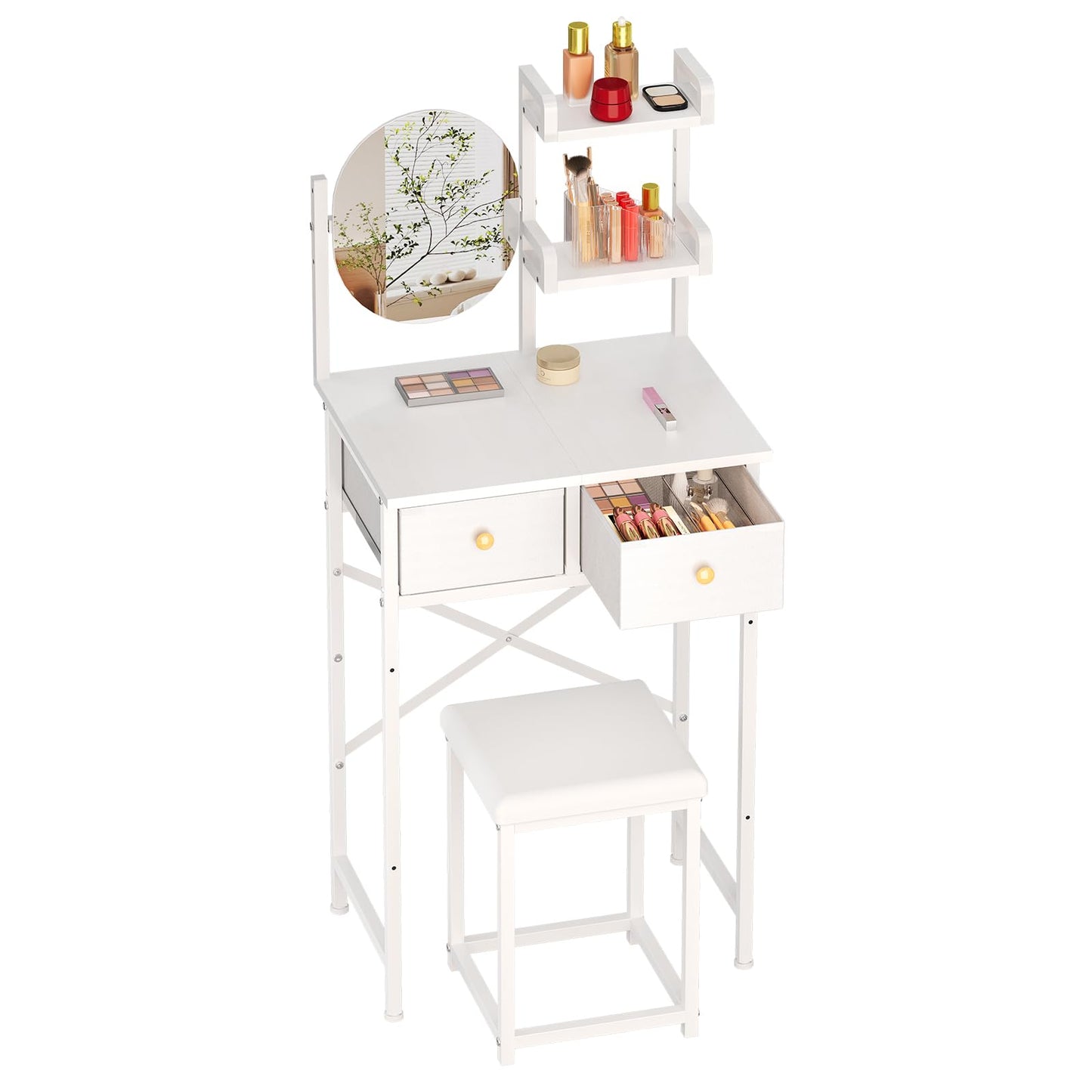 19.7"W Small Vanity Desk with Mirror & Chair, Mini Cute Makeup Vanity Table Set with 2 Fabric Storage Drawers Opening Shelves, Compact Vanity Desk for Kids Girls Gifts, Bedroom & Small Spaces, White