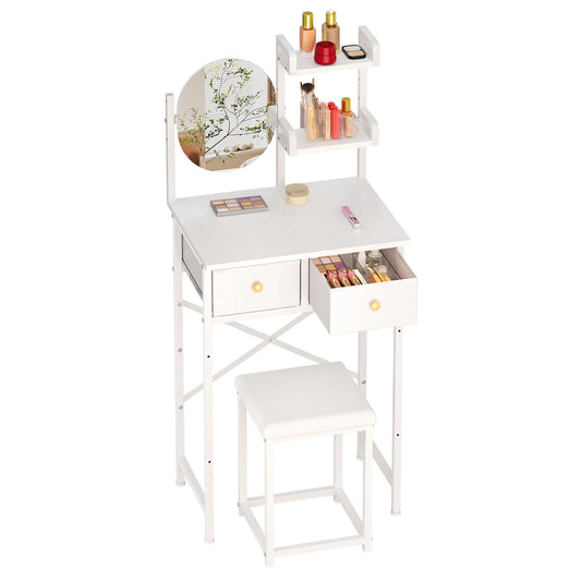 19.7"W Small Vanity Desk with Mirror & Chair, Mini Cute Makeup Vanity Table Set with 2 Fabric Storage Drawers Opening Shelves, Compact Vanity Desk for Kids Girls Gifts, Bedroom & Small Spaces, White
