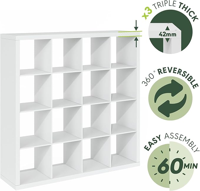Furinno Cubicle Book Shelf, 16-Cube Bookshelf, Triple Thick Frame Cube Storage