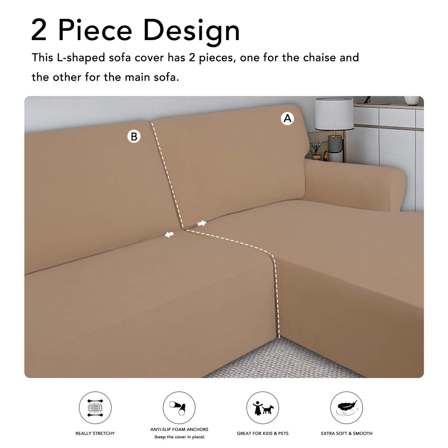 PureFit Super Stretch Sectional Couch Covers - 2 pcs Spandex Non Slip Sofa Covers with Elastic Bottom for L Shape Sectional Sofa Couch, Great for Kids & Pets (3 Seat Sofa + 3 Seat Chaise, Camel)